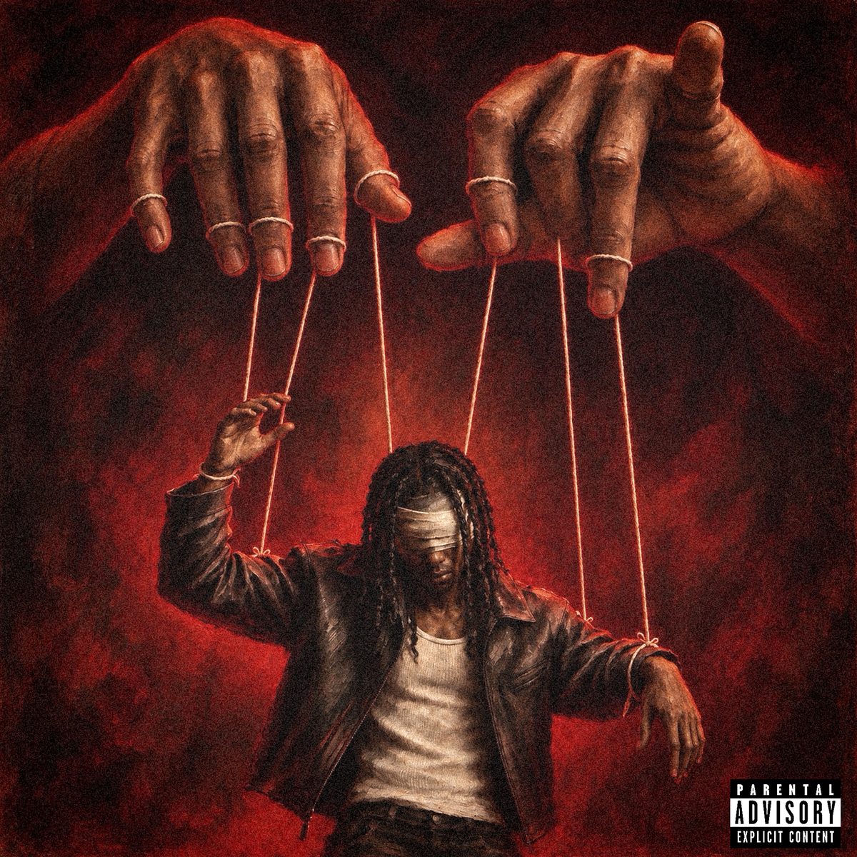 Throwaways album cover: a blindfolded figure hangs from puppet strings held by two giant hands, painted in deep red.